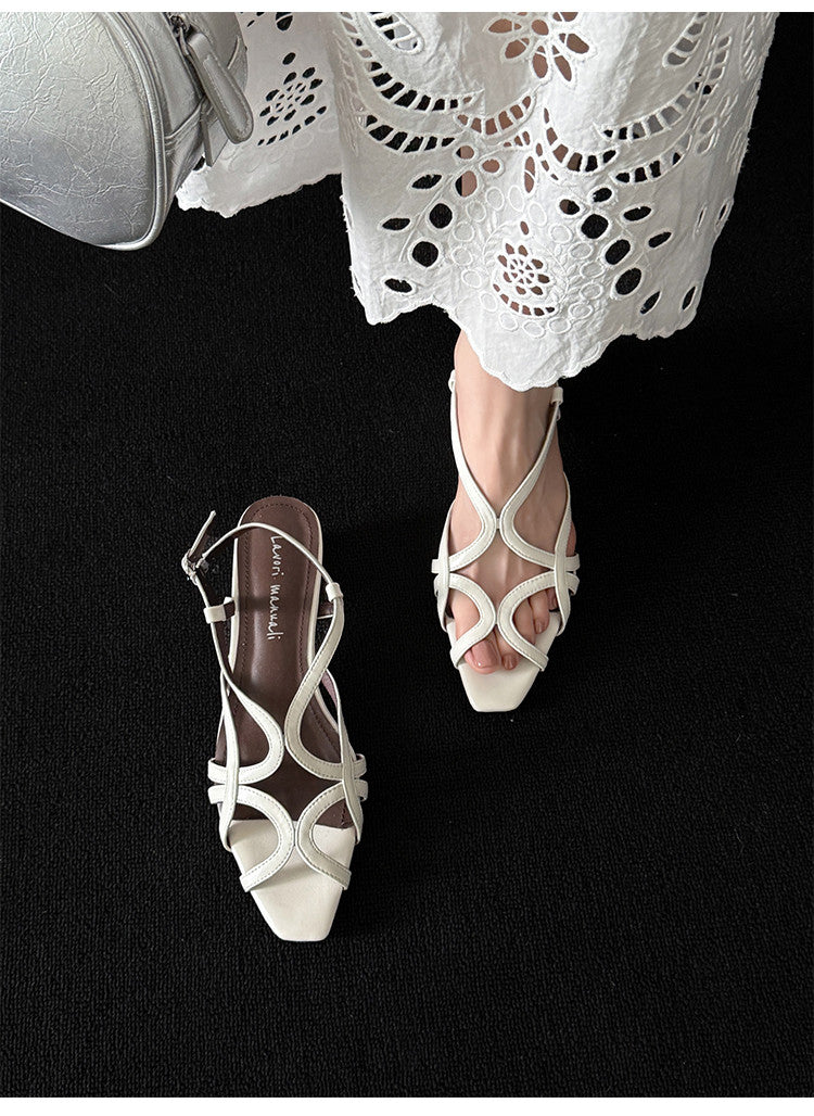 Karin Luna French Hollow Style Small Square Toe Chunky Heel Sandals