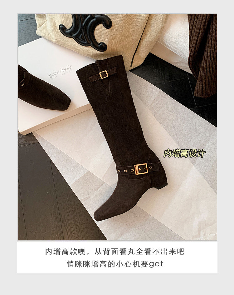Karin Luna Data Model Belt Buckle Matte Square Toe Hidden Wedge Slouch Western Boots
