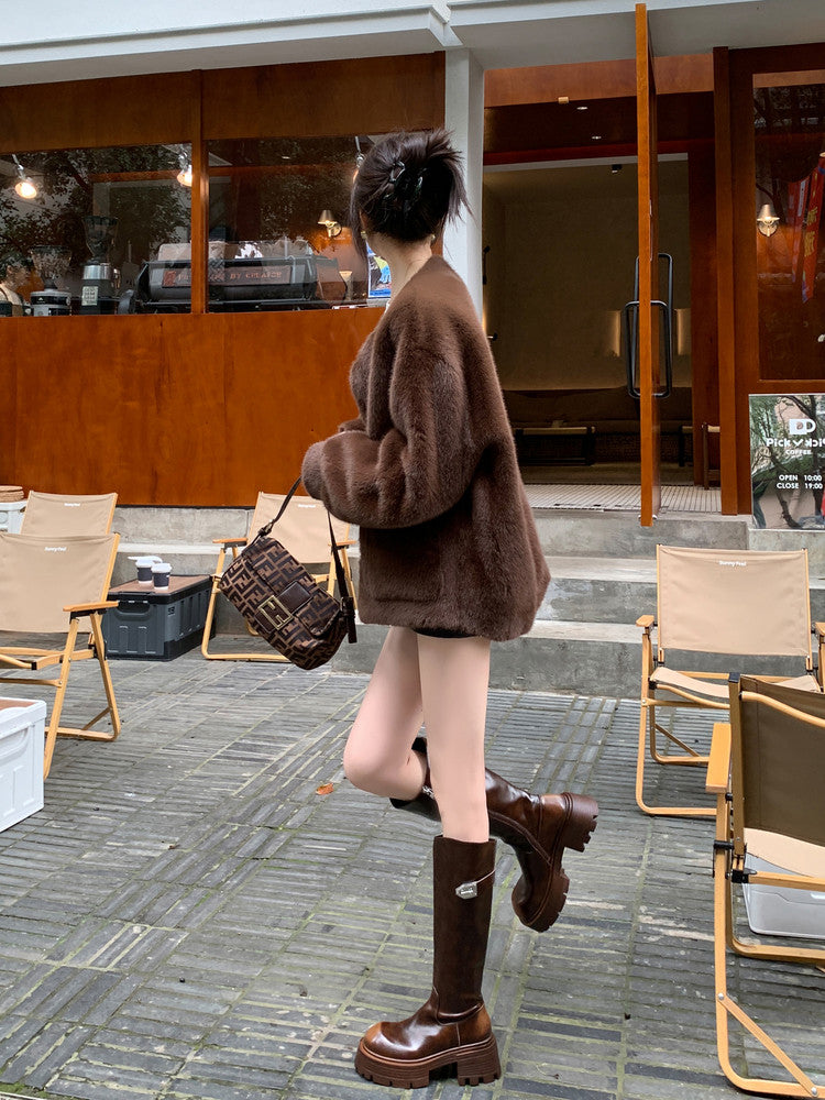 Karin Luna In Stock In Stock  Round Toe Thick Sole Belt Buckle Side Zipper Knight Boots