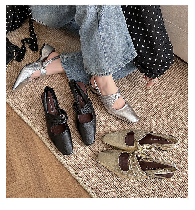 Karin Luna In Stock  Spot Goods Small Square Toe Wrinkled Chunky Heel Closed-Toe Sandals