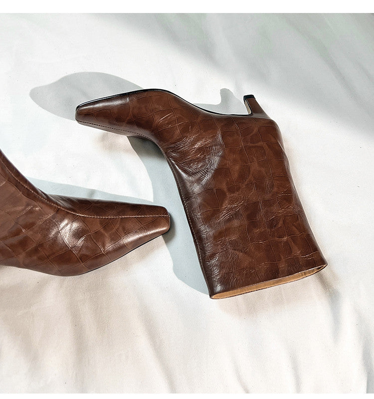 Karin Luna In Stock Spot Goods Top Layer Stone Pattern Cowhide Textured Small Square Toe Straight Short Boots