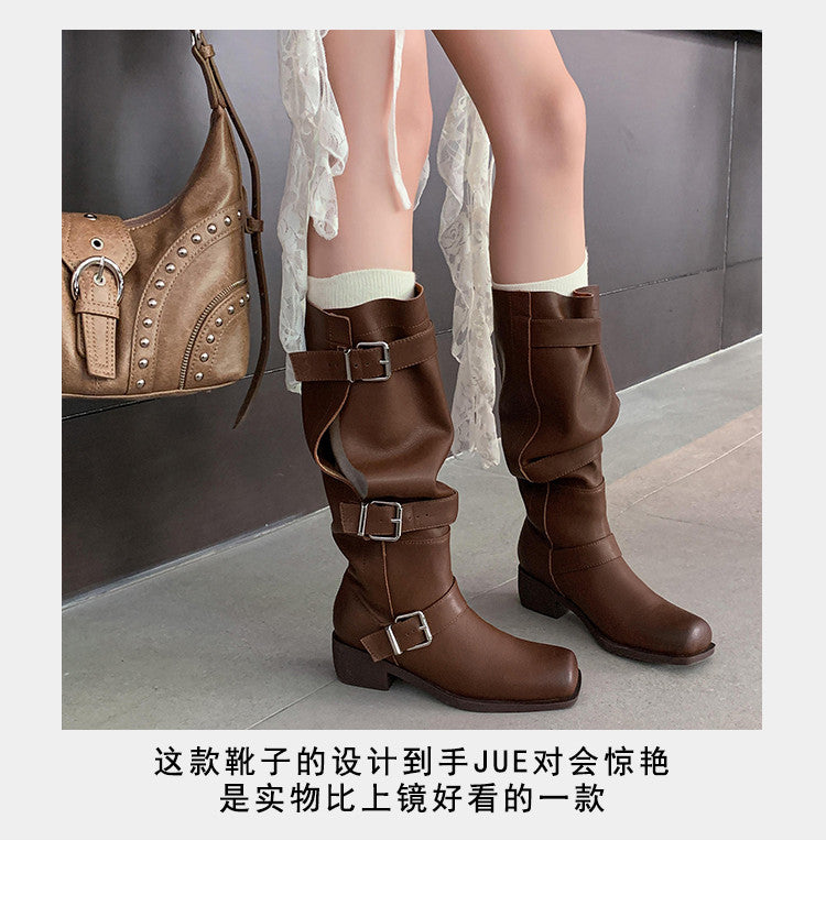 Karin Luna In Stock In Stock European and American Style Square Toe Thick Sole Belt Buckle Long Boots