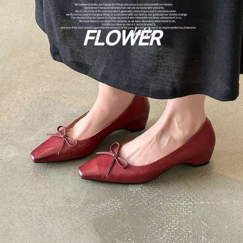 Karin Luna Full Layer Inside and Out~Basic Versatile Small Square Toe Butterfly Knot Irregular Heel Single Shoes