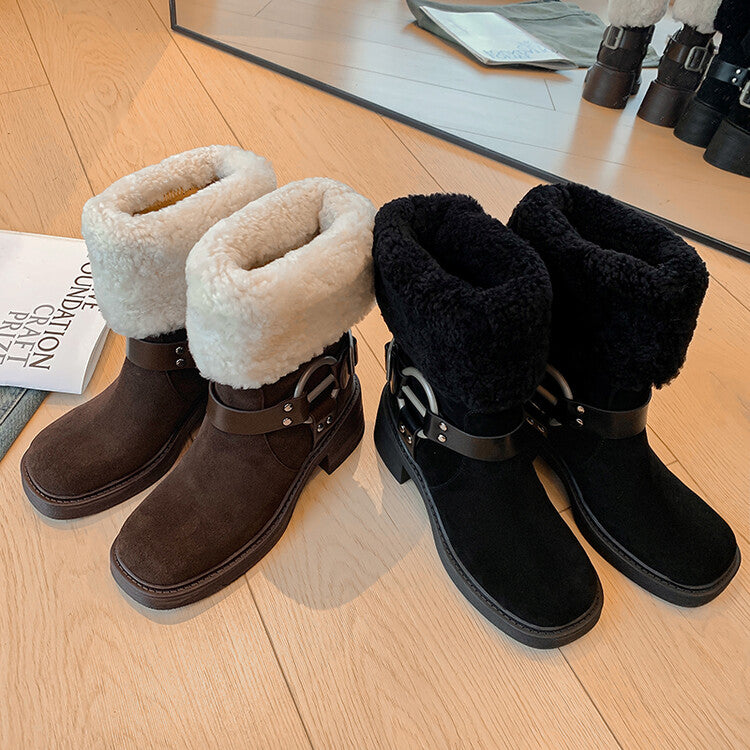 Karin Luna Genuine Lamb Wool and Cowhide Leather Hot-selling Metal Buckle Round Toe Chunky Heel Main Push Main Push