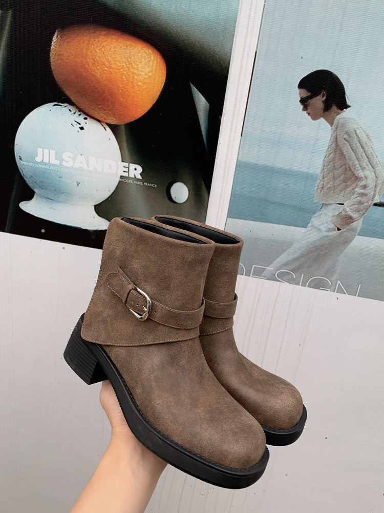 Karin Luna In Stock Spot Goods Versatile Basic Round Toe Belt Buckle Thick Sole Tube Boots