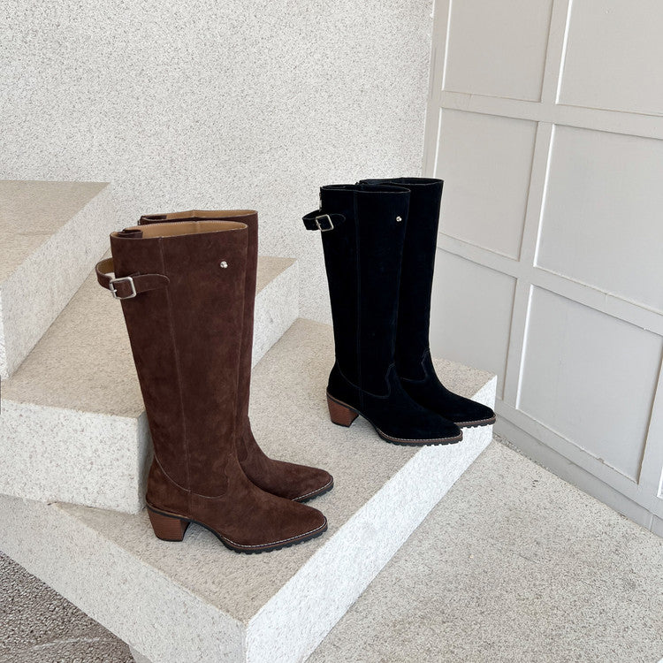 Karin Luna In Stock Spot Goods Retro Cowhide Leather Chunky Heel Suede Long Boots