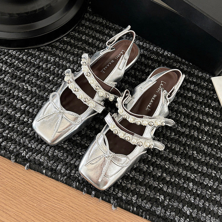 Karin Luna In Stock In Stock  Square Toe Bowknot Pearl Strap Closed-Toe Sandals