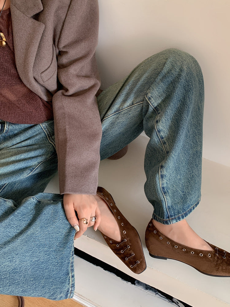 Karin Luna In Stock Spot Goods    Old Money Style Square Toe Suede Flats
