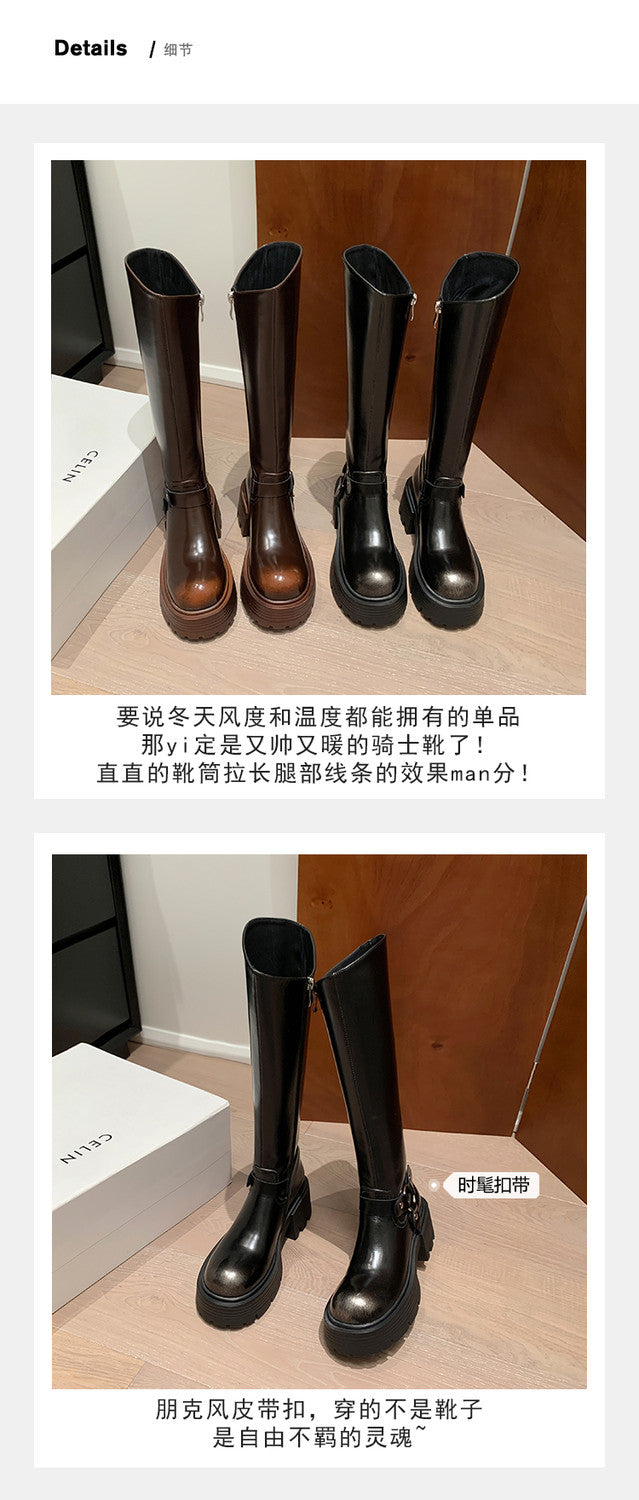 Karin Luna In Stock Spot Goods Round Toe Thick Sole Belt Buckle Straight Long Boots