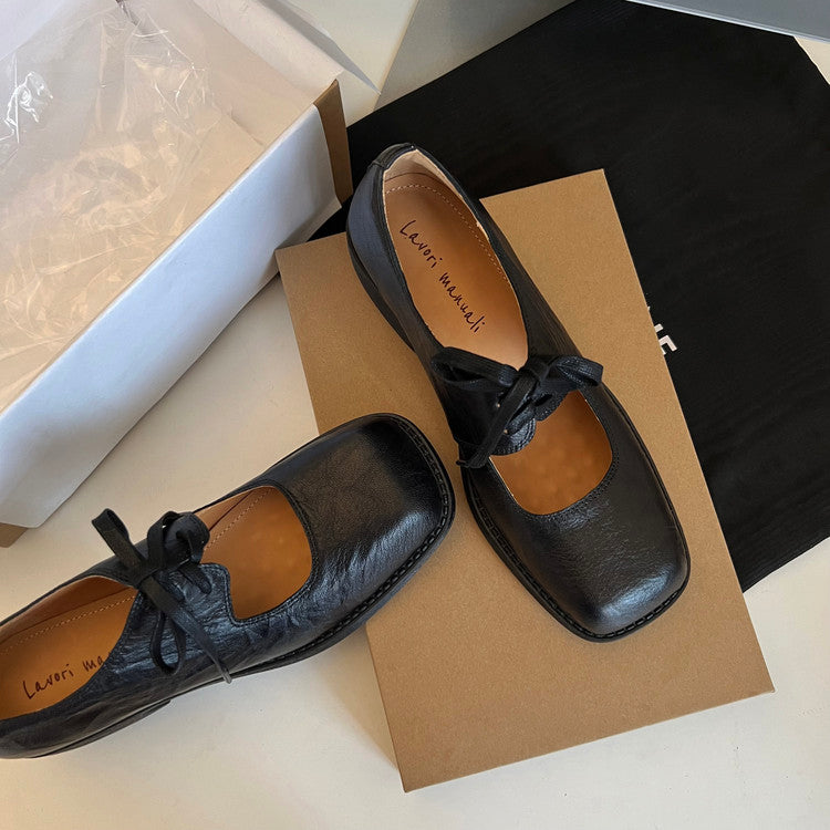 Karin Luna In Stock Spot Goods   Full leather inside and out Vegetable Tanned Hand-Grabbed Sheepskin Square-Toed Chunky Heel Single Shoes