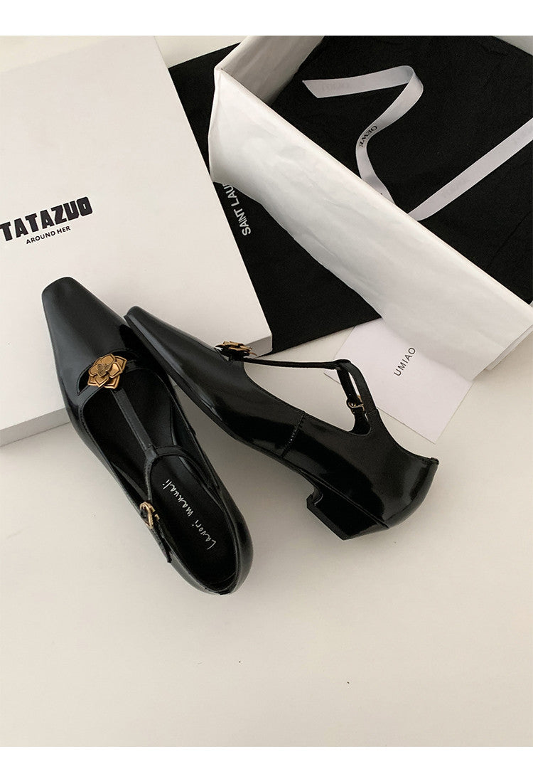 Karin Luna In Stock Spot Goods    Retro Classic Metal Camellia Irregular Heel Single Shoes