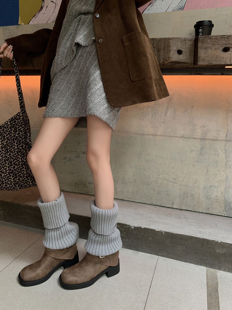 Karin Luna In Stock Spot Goods Versatile Basic Round Toe Belt Buckle Thick Sole Tube Boots