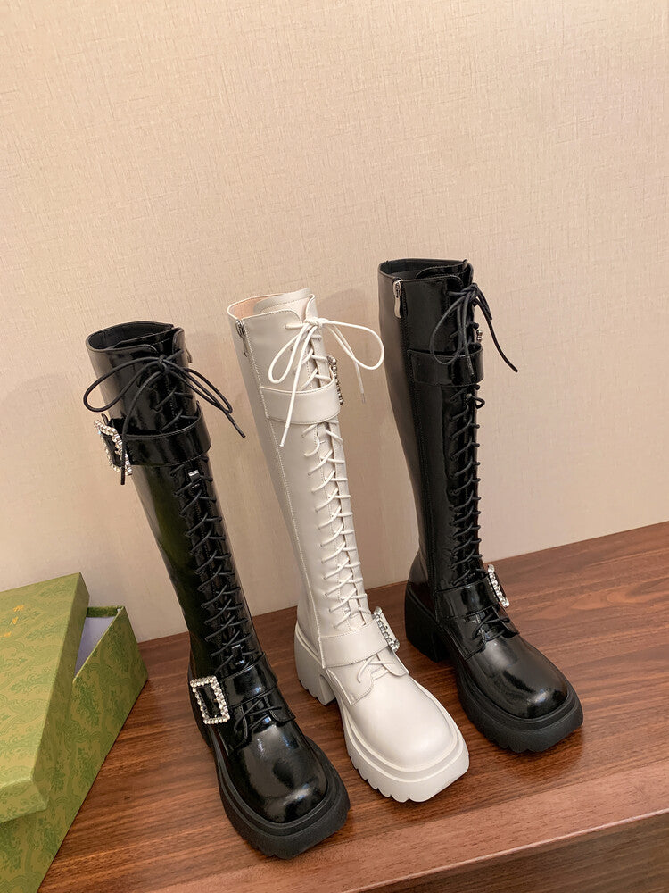 Karin Luna In Stock Spot Goods Bestselling Extended Version Rhinestone Square Buckle Thick Sole Lace-up Thick Sole Full Cowhide Knight Boots