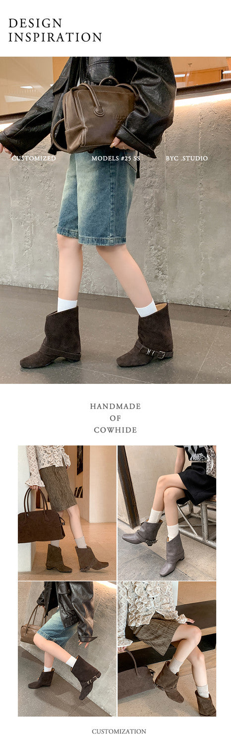 Karin Luna Data Hot Item Square Toe Hidden Wedge Belt Buckle Suede Ankle Boots
