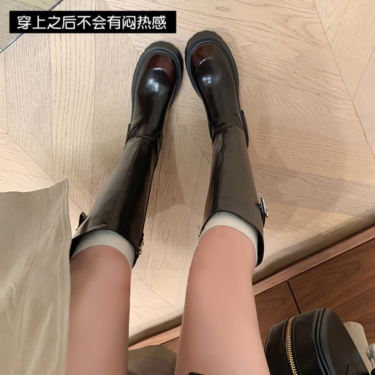 Karin Luna In Stock In Stock  Round Toe Thick Sole Belt Buckle Side Zipper Knight Boots