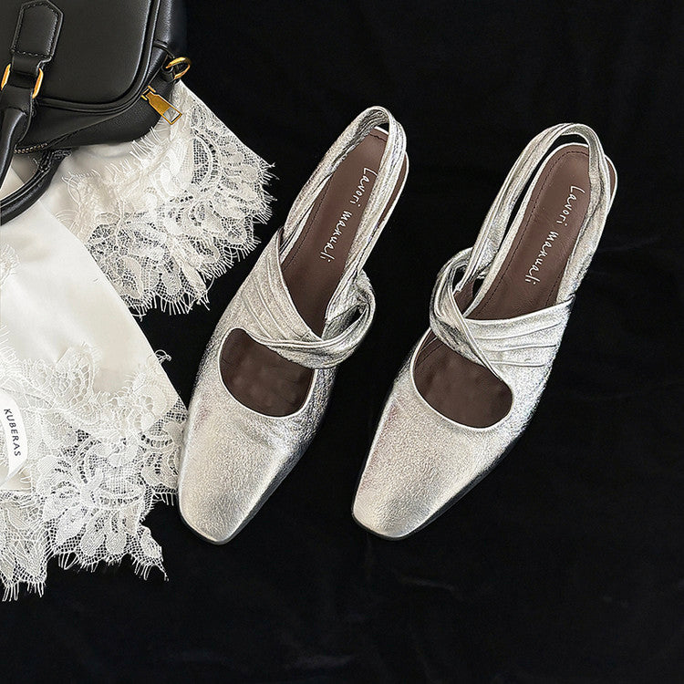 Karin Luna In Stock  Spot Goods Small Square Toe Wrinkled Chunky Heel Closed-Toe Sandals