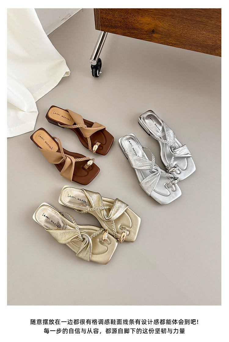 Karin Luna  Square Toe Braided Cross Thick Heel Flat Slippers