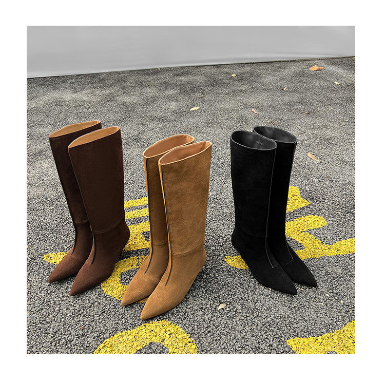 Karin Luna In Stock Spot Goods Retro Cowhide Pointed Toe Stiletto Elegant Long Boots