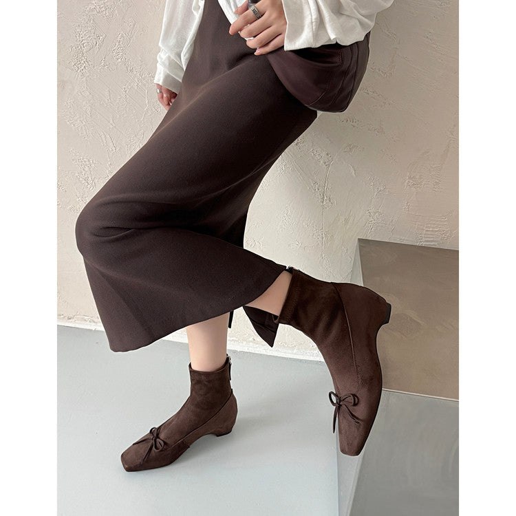 Karin Luna French Style Square Toe Bowknot Hidden Wedge Slim Boots