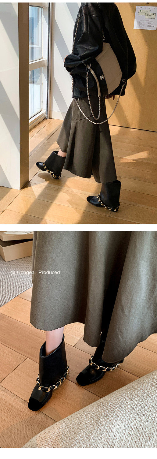 Karin Luna Classic Style Xiangjia Style Chunky Heel Chain Ankle Boots