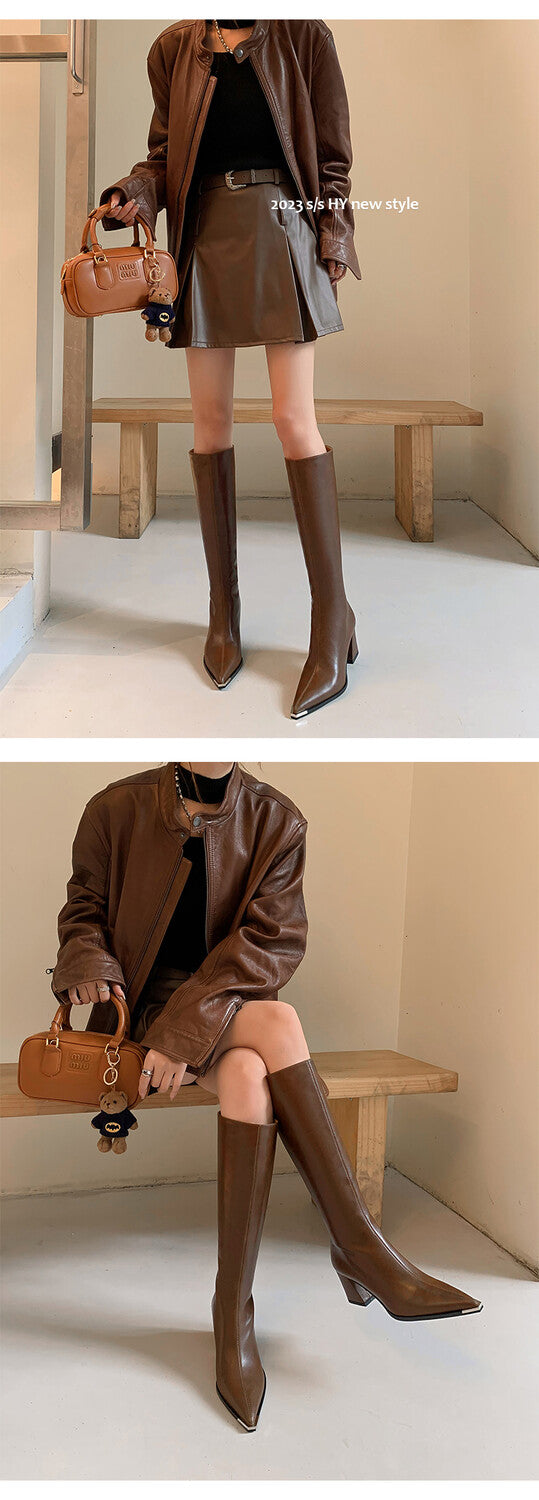 Karin Luna In Stock  In Stock Elegant Metal Pointed Toe Chunky Heel Full Cowhide Leather Riding Boots