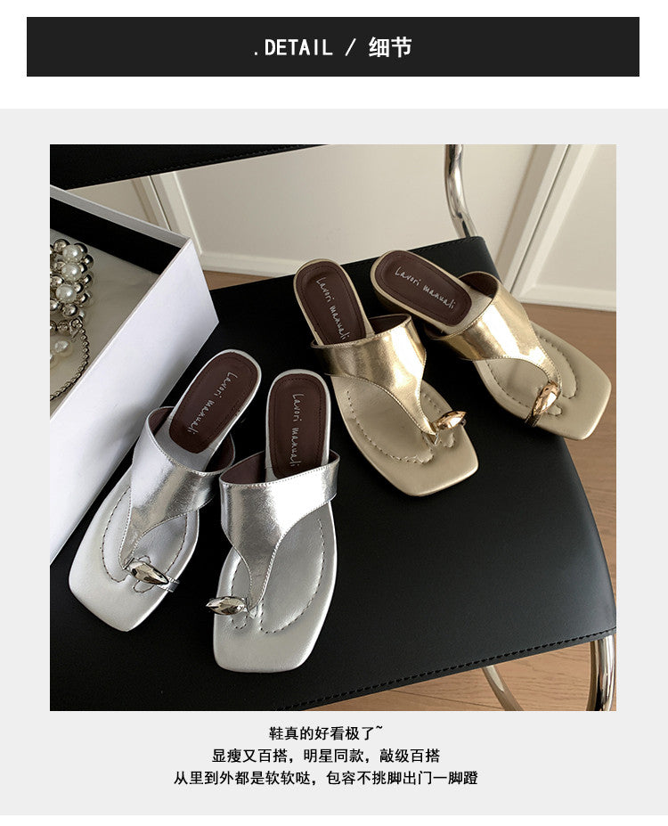 Karin Luna In Stock Spot Goods Clip-toe Square Toe Metal Buckle Minimalist Slippers