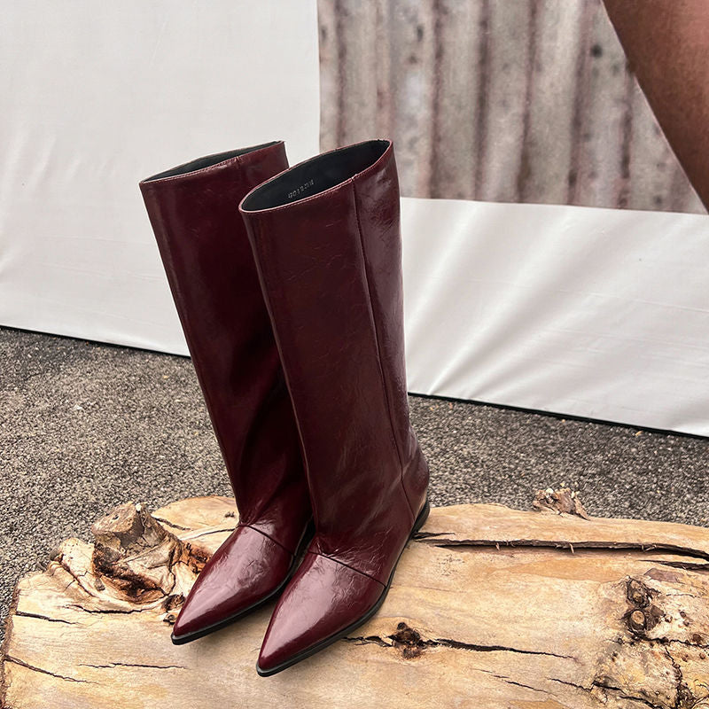 Karin Luna Elegant Style Pointed Toe Internal Height Increase Slip-On Long Boots