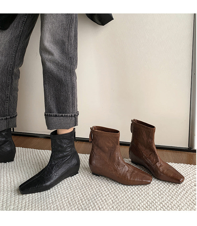 Karin Luna In Stock Spot Goods Slim Series  Hidden Wedge Small Square Toe Back Zipper Short Boots
