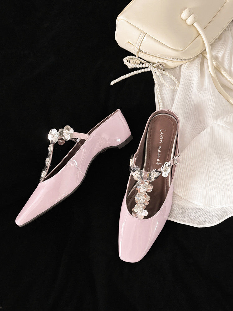 Karin Luna In Stock Spot Goods  T Handmade Sequin Flower Square Toe Height-Increasing Closed-Toe Slippers