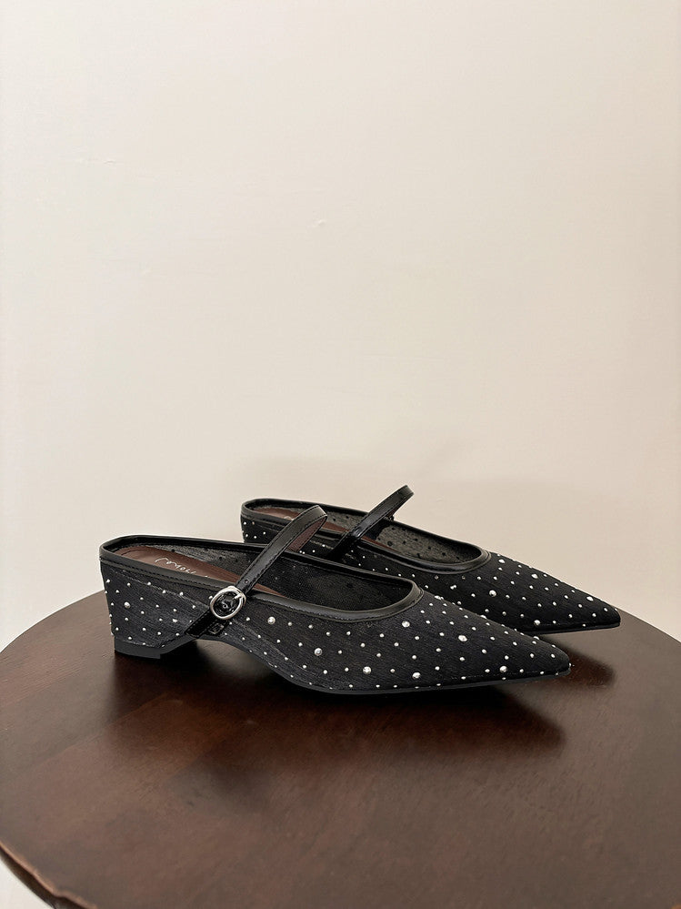 Karin Luna In Stock Spot Goods  Breathable Mesh Fabric Embellished Hand Drill Pointed Toe Slippers