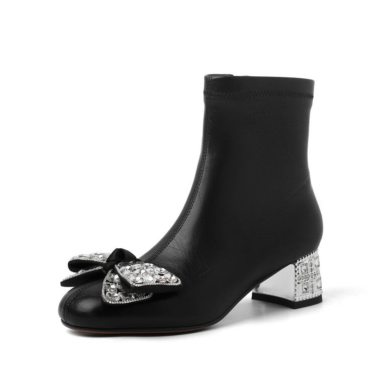 Karin Luna In Stock   Rhinestone Bow Thick Heel Slim Boots