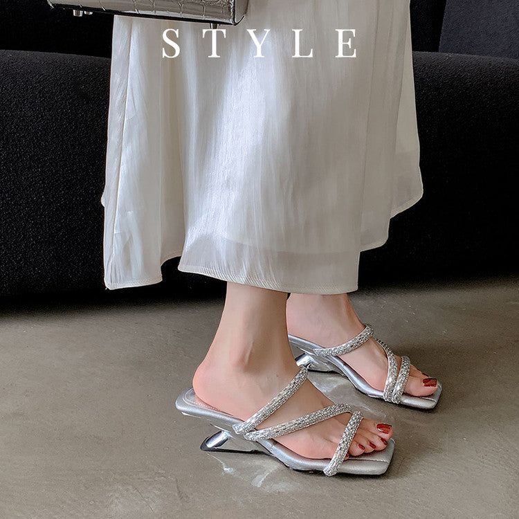 Karin Luna In Stock Spot Goods  Rhinestone One-Strap Irregular Heel Square-Toe Slippers