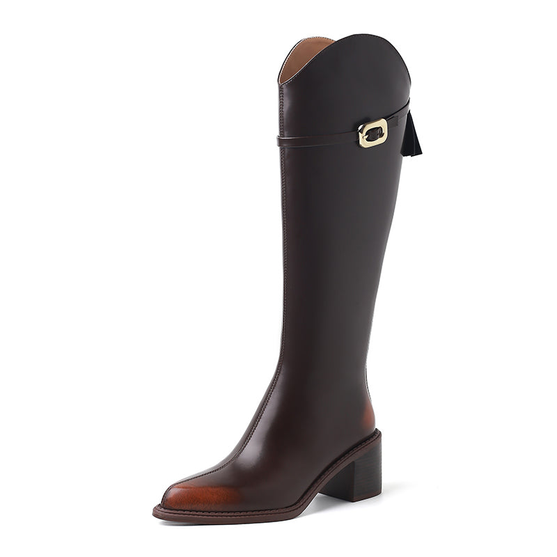 Karin Luna Classic Model In Stock Spot Goods  Elegant Belt Buckle Pointed Toe Chunky Heel Long Boots