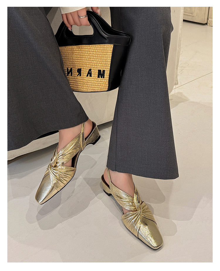 Karin Luna French Retro Wrinkled Small Square Toe Elegant Closed-Toe Sandals
