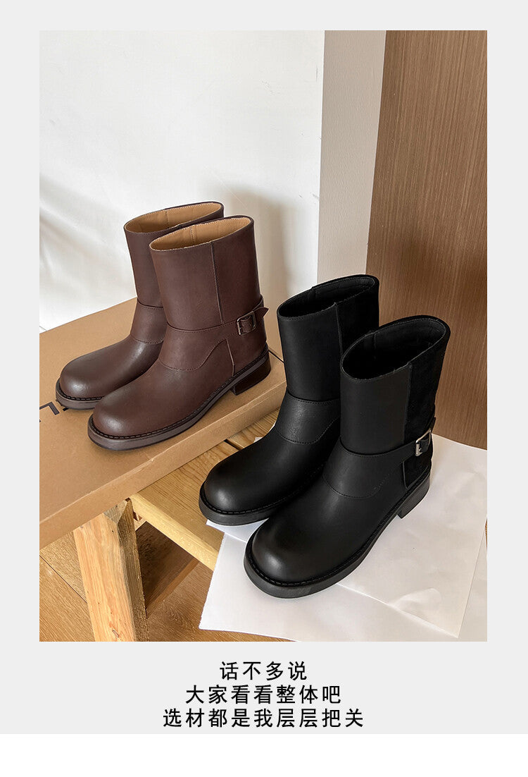 Karin Luna Belt Buckle Chunky Heel Fashion Short Boots