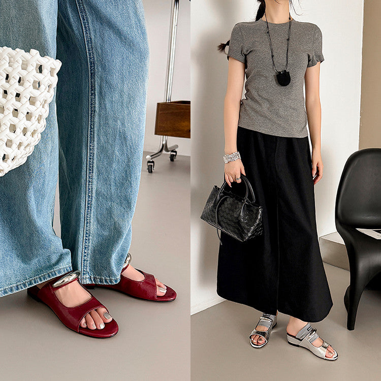 Karin Luna In Stock Spot Goods  Metal Buckle Round Toe Strap Slippers
