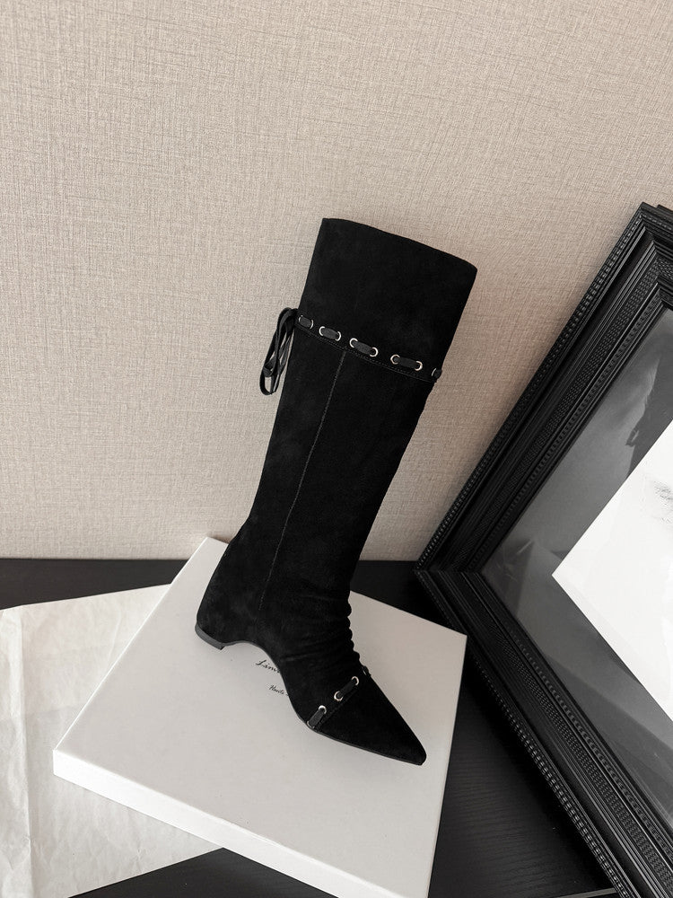 Karin Luna Elegant Style  Pointed Toe Pleated Hidden Wedge Western Boots