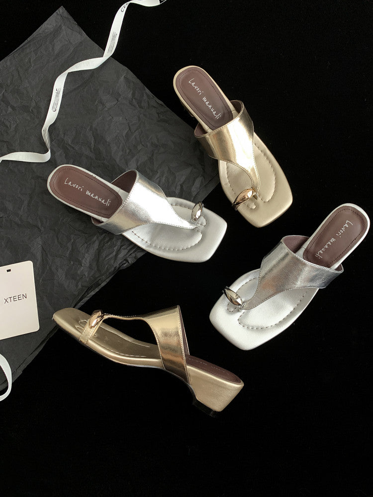 Karin Luna In Stock Spot Goods Clip-toe Square Toe Metal Buckle Minimalist Slippers
