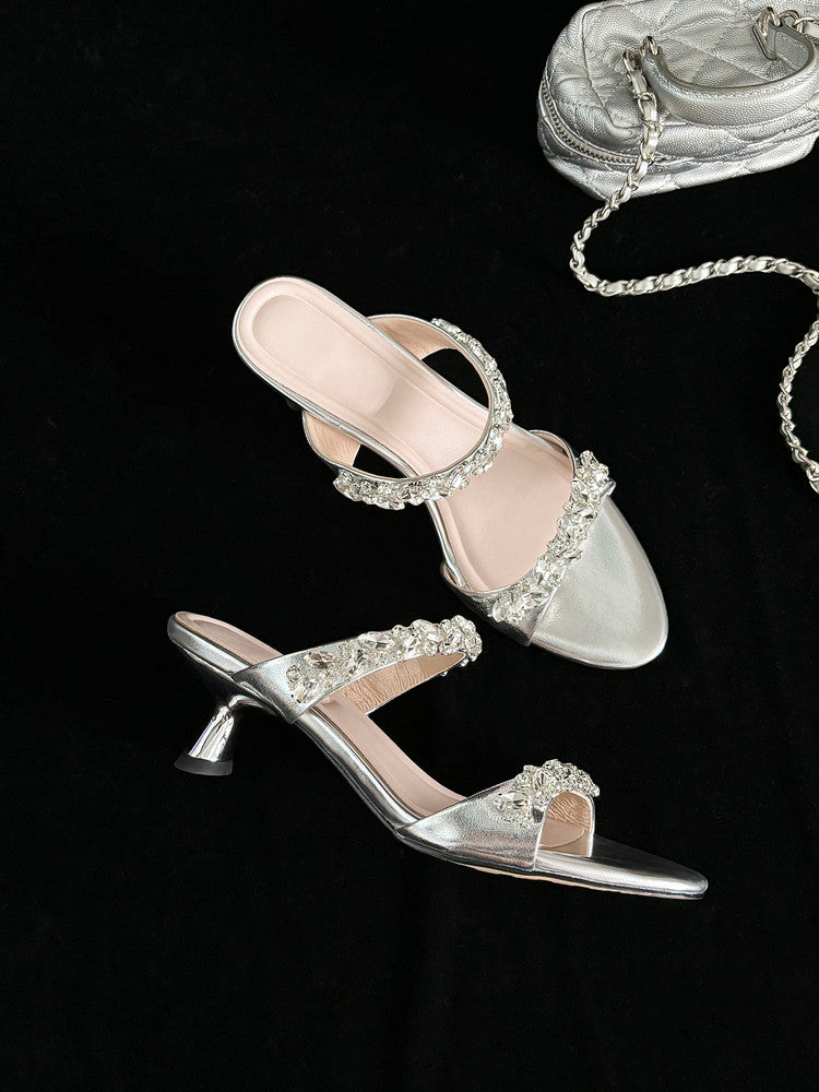 Karin Luna Exquisite Round Toe One-Strap Rhinestone Thin Heel Slippers