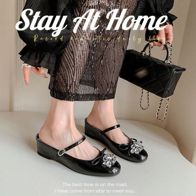 Karin Luna In Stock In Stock  Rhinestone One-Strap Round-Toe Slip-On Height-Increasing Soft Slippers