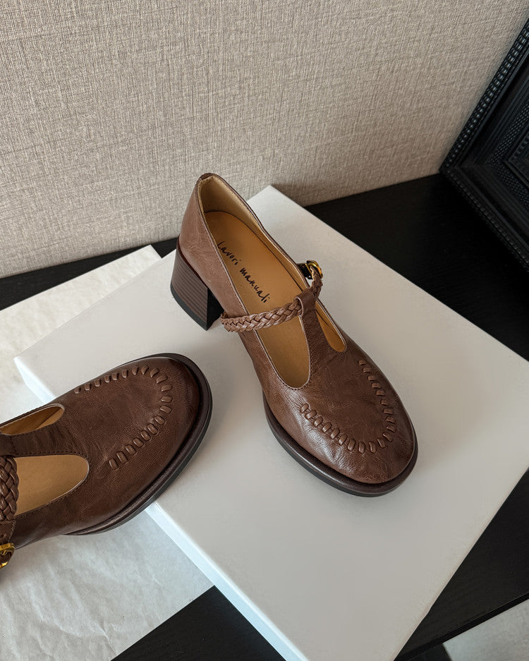 Karin Luna In Stock Spot Goods Vintage Braided Twist High Heels T Round Toe Thick Sole Single Shoes