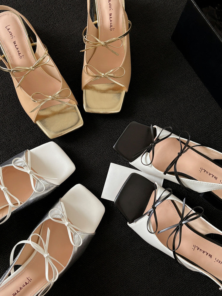 Karin Luna In Stock Spot Goods Square Toe Double Bow Thick Heel Sandals