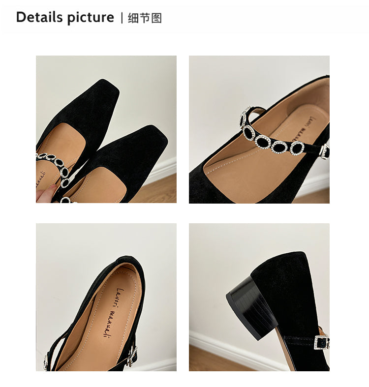 Karin Luna In Stock Spot Goods  Vintage Full Leather Square Toe Rhinestone Strap Shallow Mouth Single Shoes