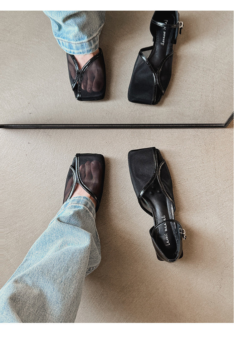 Karin Luna In Stock In Stock  Internet Celebrity Style Square Toe Mesh Chunky Heel Sandals