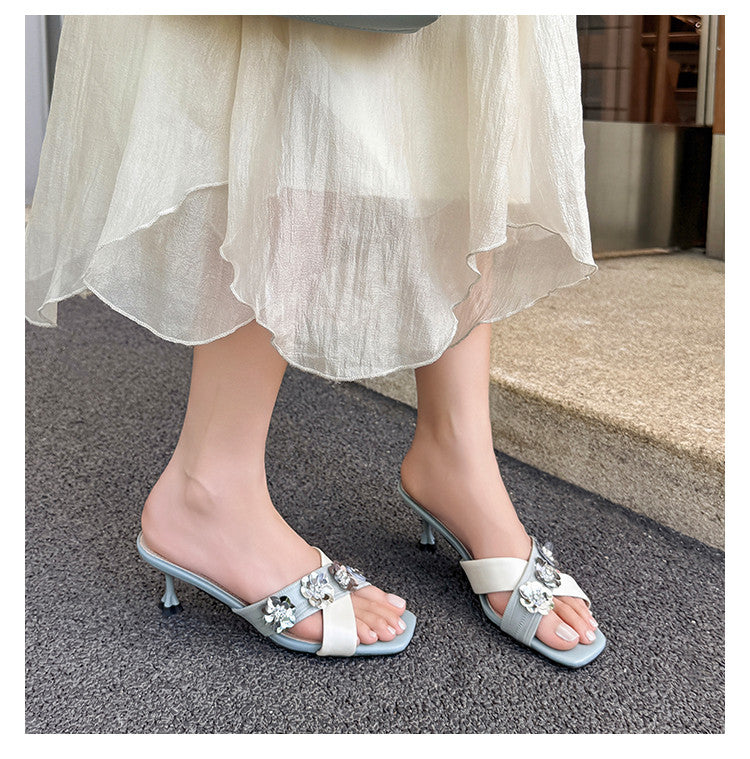 Karin Luna In Stock Spot Goods  Sequin Floral Cross Strap Square Toe Stiletto Slippers