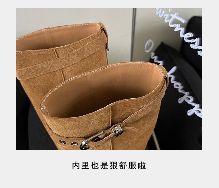 Karin Luna Chunky Heels Round Head Belt Buckle  Fashionable Suede Boots