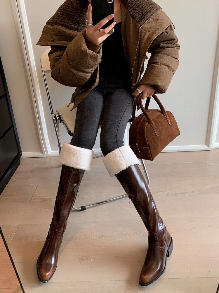 Karin Luna exploded  Three versions exploded Single Fleece Lining Fur Collar Version  Thick Fur Collar Foldable Hot-Selling Full Cowhide Pointed Toe Chunky Heel Classic Style