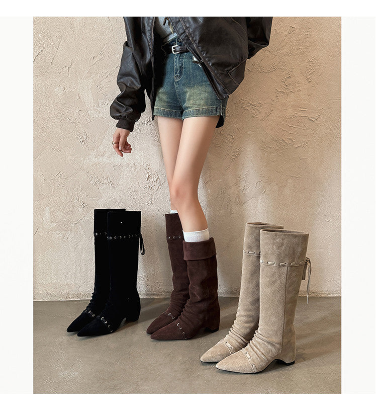 Karin Luna Elegant Style  Pointed Toe Pleated Hidden Wedge Western Boots