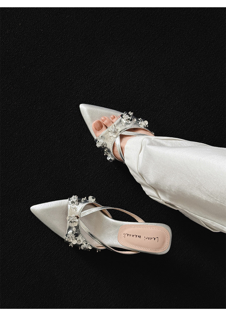 Karin Luna Bestseller Sequin Elements Elegant Pointed Toe Irregular Heel Slippers