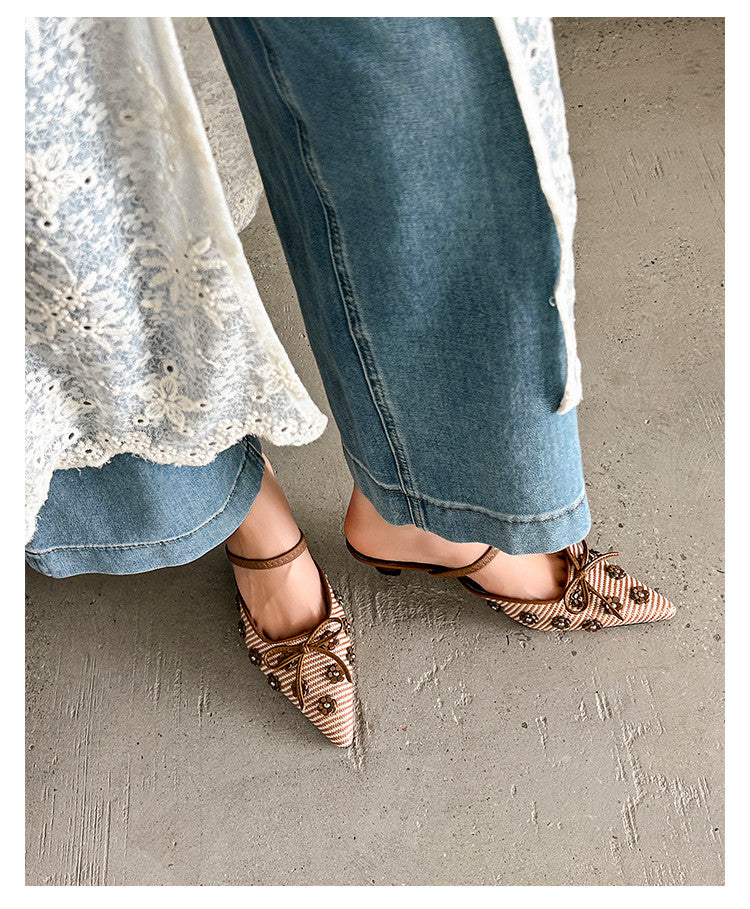 Karin Luna In Stock Spot Goods  Elegant Floral Pointed Toe Rhinestone Slippers